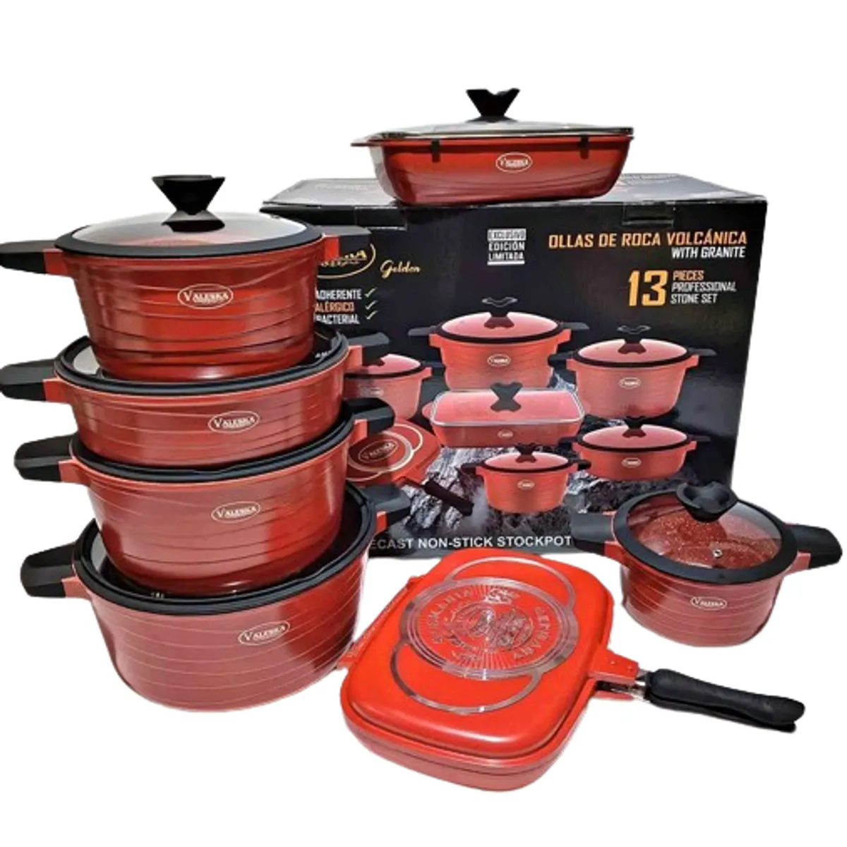 VALESKA - JUEGO DE OLLAS ROCA VOLCANICA  VALESKA ROJO - 13 PZ