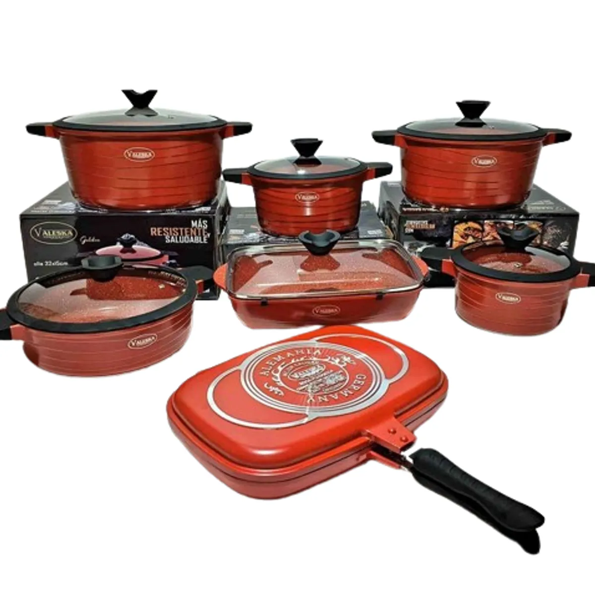 VALESKA - JUEGO DE OLLAS ROCA VOLCANICA  VALESKA ROJO - 13 PZ