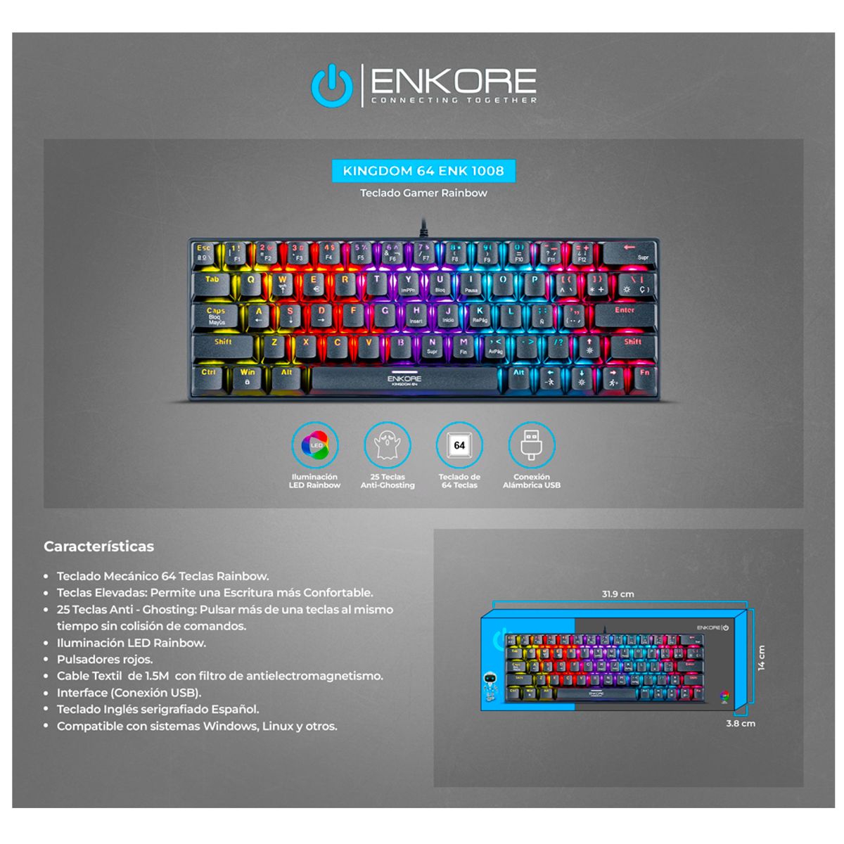 ENKORE - Teclado Mecánico Kingdom 64 Switch Led Rainbow Antighos