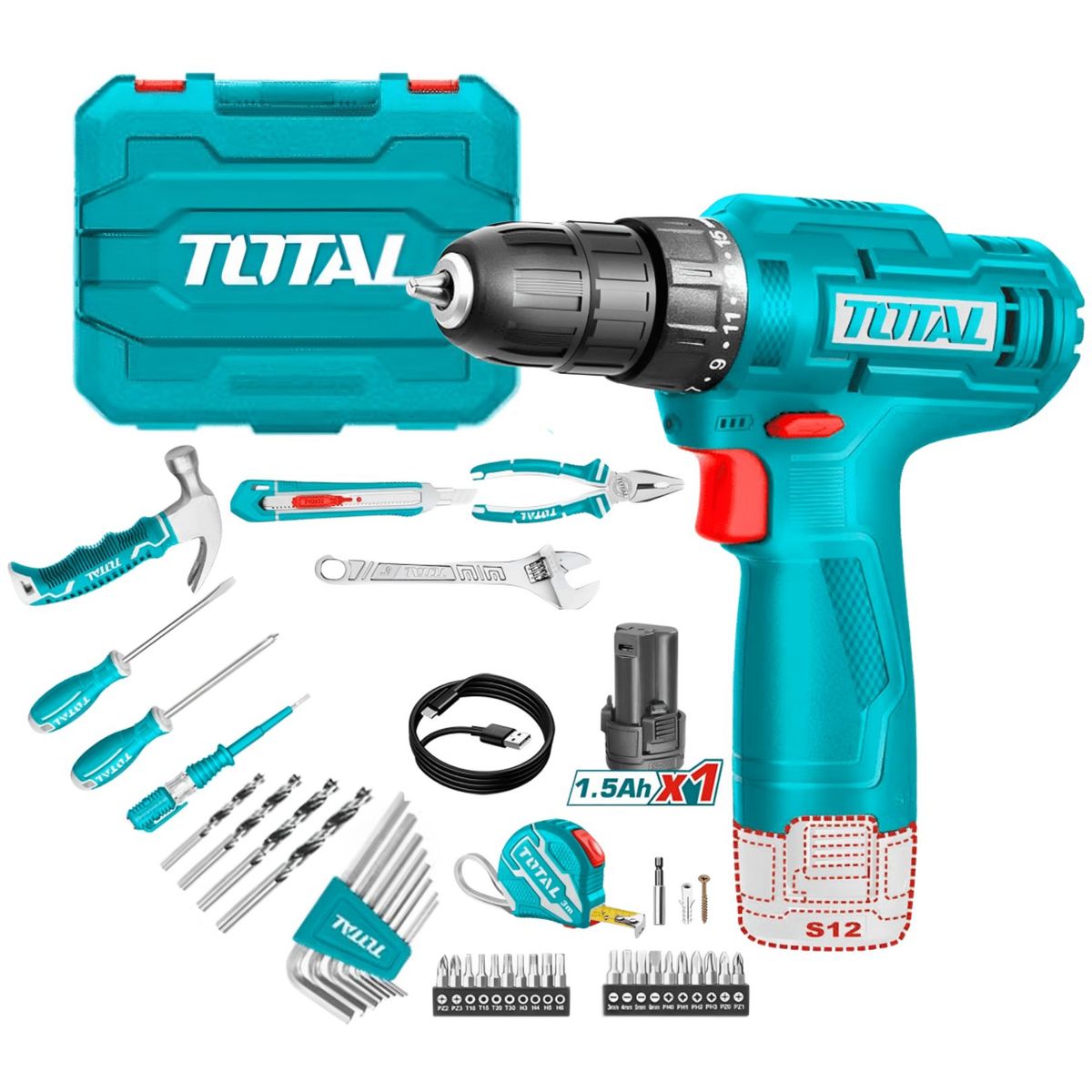 TOTAL TOOLS - Taladro 12v + Set 89 herramientas Total