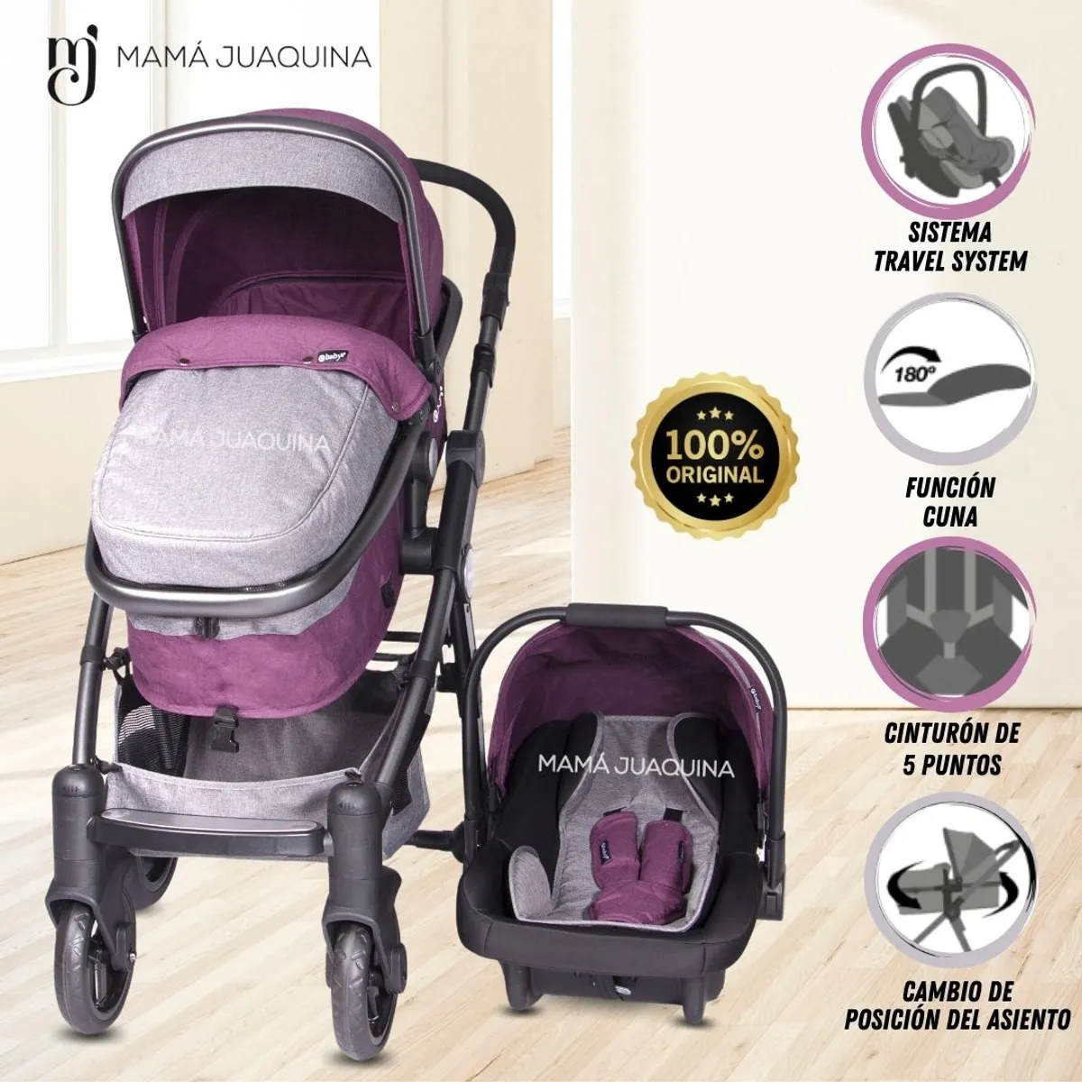 EBABY - Coche Moisés Travel System «MILE» Porta Bebé Purple