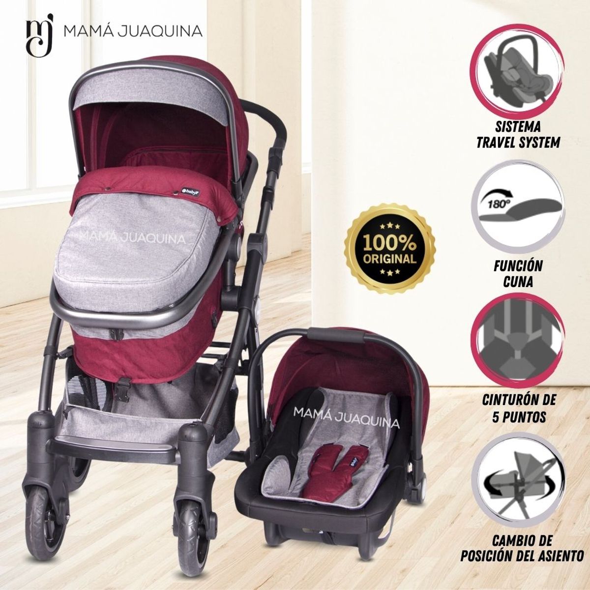 EBABY - Coche Moisés Travel System «MILE» Porta Bebé Red