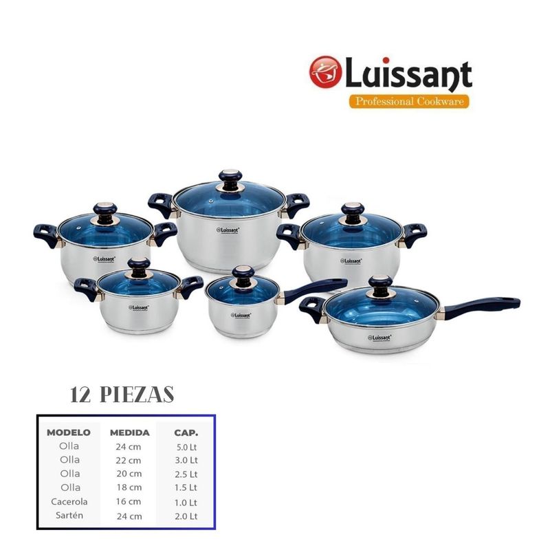 LUISSANT - JUEGO DE OLLAS  EN ACERO INOXIDABLE 12 Pzas LUISSANT