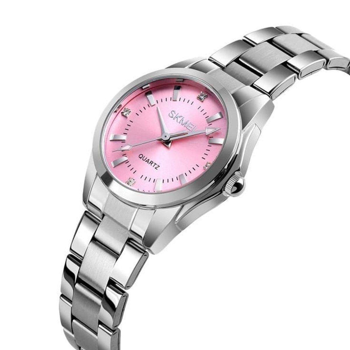 SKMEI - RELOJ SKMEI 1620 PLATEADO FONDO ROSADO CORREA ACERO PARA MUJER