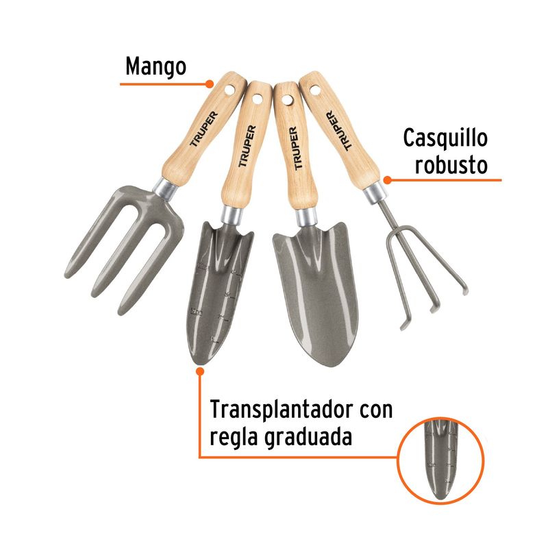 TRUPER - Juego de 4 herramientas, mangos de 6" para jardín