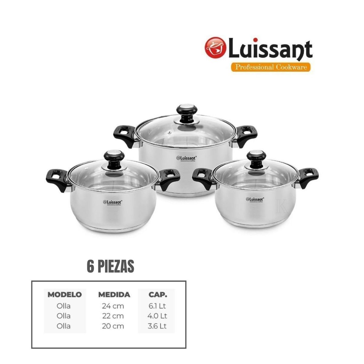 LUISSANT - JUEGO DE OLLAS EN ACERO INOXIDABLE 6 Pzas LUISSANT