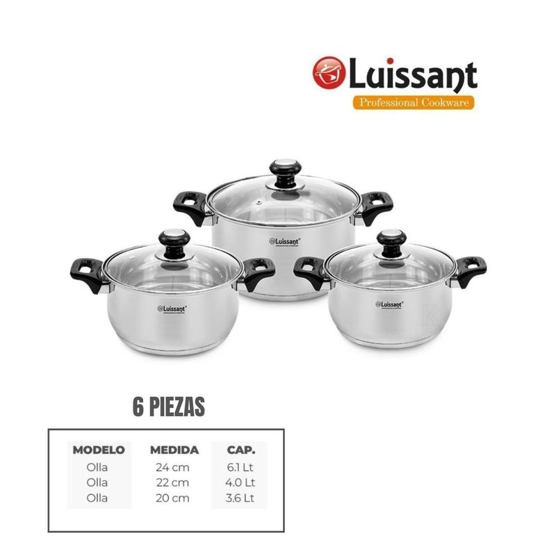 LUISSANT - JUEGO DE OLLAS EN ACERO INOXIDABLE 6 Pzas LUISSANT
