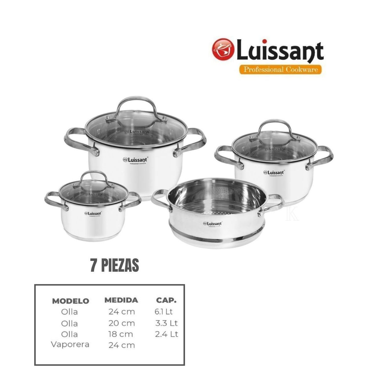 LUISSANT - JUEGO DE OLLAS EN ACERO INOXIDABLE 7 Pzas LUISSANT