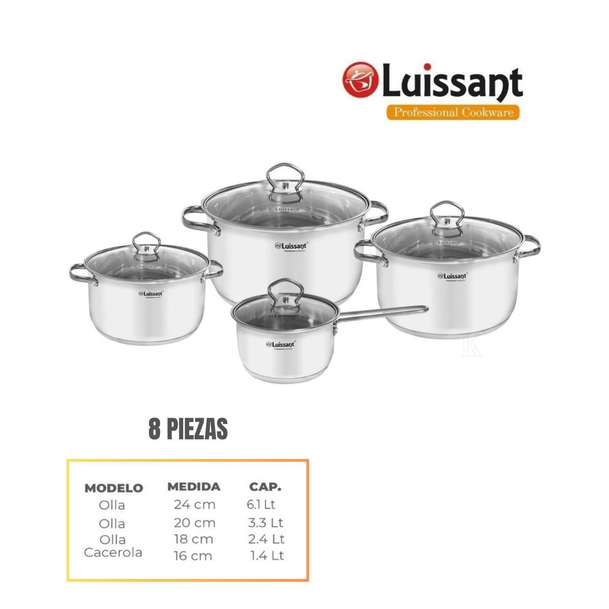 LUISSANT - JUEGO DE OLLAS EN ACERO INOXIDABLE 8 Pzas LUISSANT