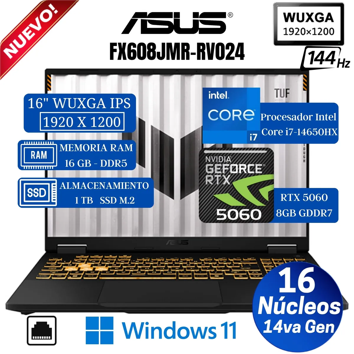 ASUS - Laptop ASUS TUF F16 FX608JMR-RV024 16" FHD, Core i7-14650HX, Ram 16GB, Ssd 1TB, RXT 5060 8GB, Win 11