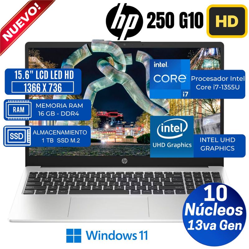 HP - Laptop HP 250 G10 15.6" LCD LED HD, Intel Core i7-1355U, 13va Gen, Ram 16GB, Ssd 1 TB, Free Dos