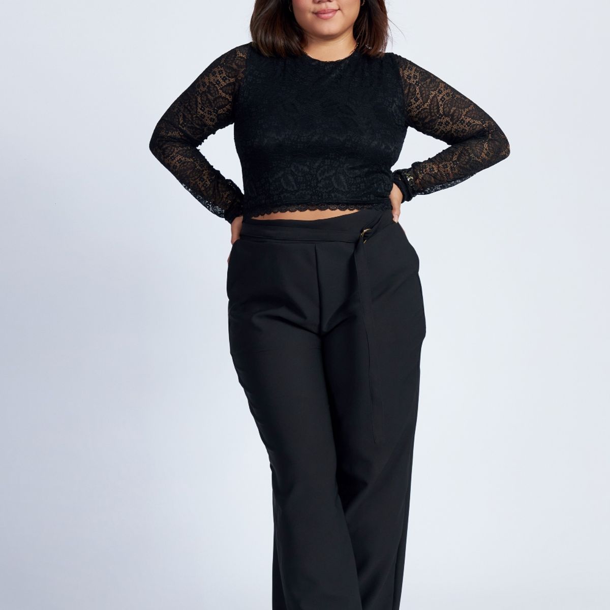 MISS LADY - Top Crop de encaje manga larga - Negro