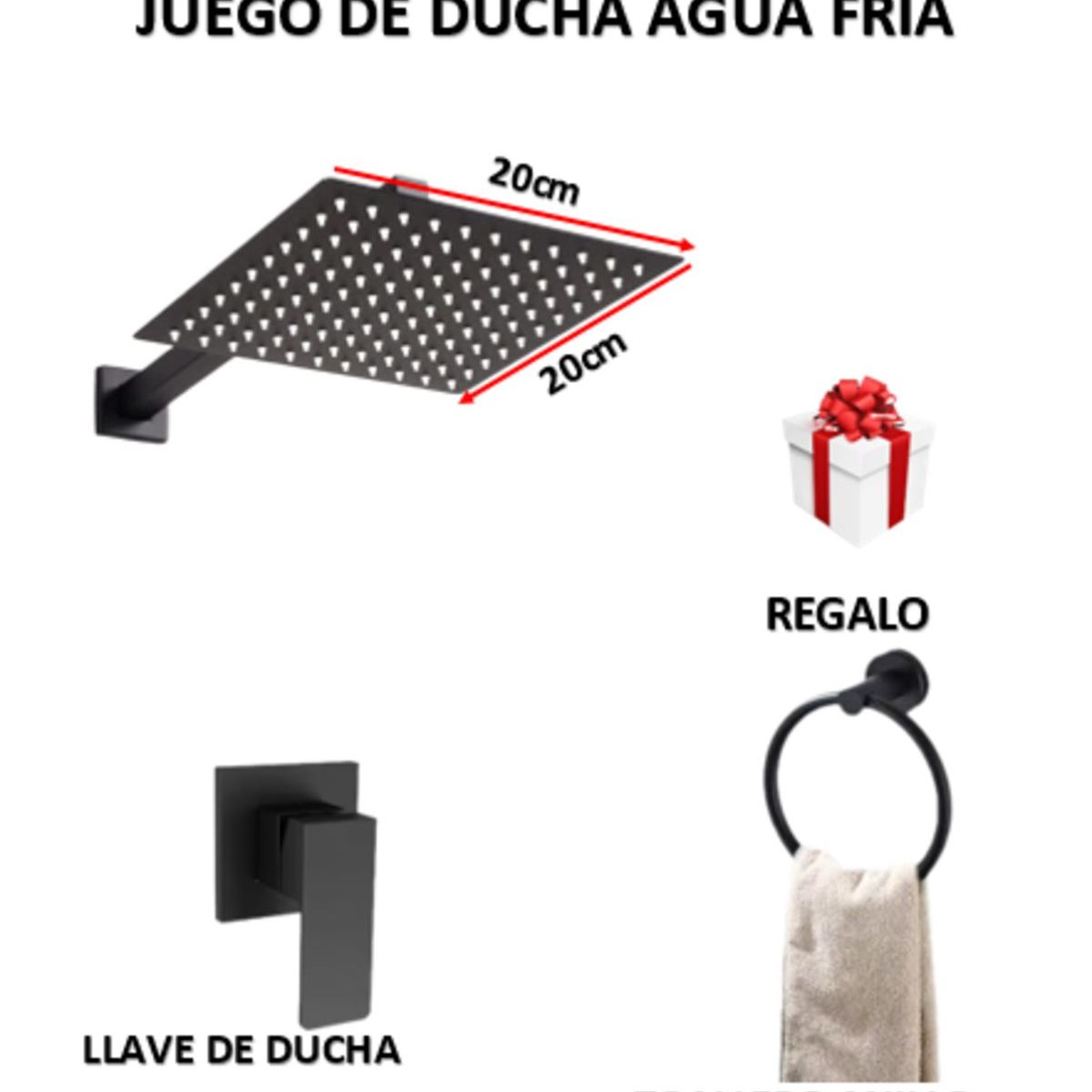 GENERICO - JUEGO DE DUCHA ACERO 20CM CUADRADO + LLAVE DE DUCHA SOLO AGUA FRIA