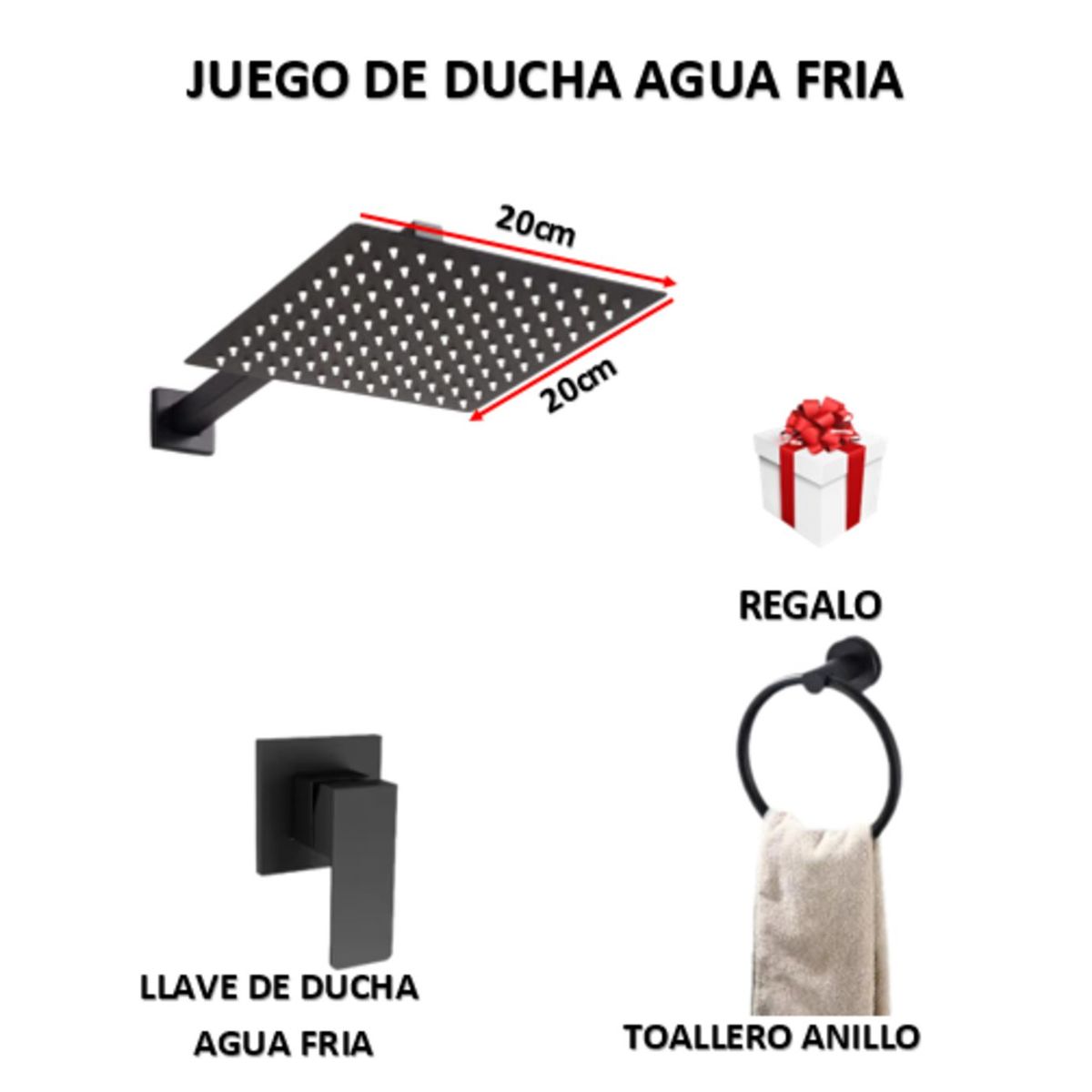 GENERICO - JUEGO DE DUCHA ACERO 20CM CUADRADO + LLAVE DE DUCHA SOLO AGUA FRIA