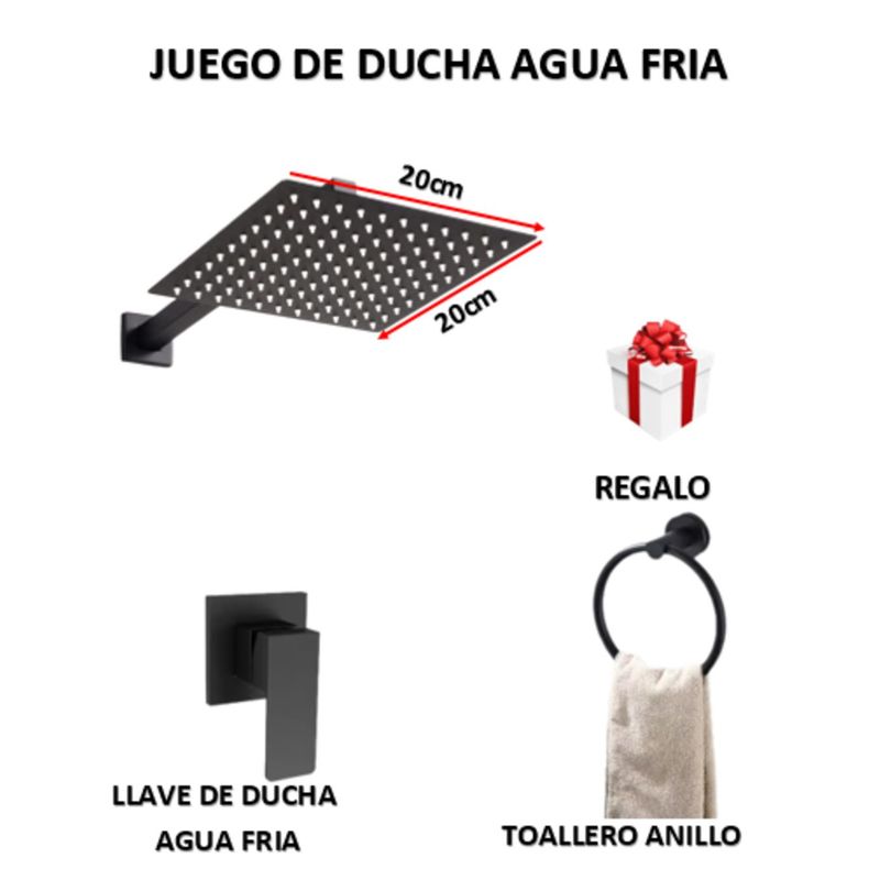 GENERICO - JUEGO DE DUCHA ACERO 20CM CUADRADO + LLAVE DE DUCHA SOLO AGUA FRIA