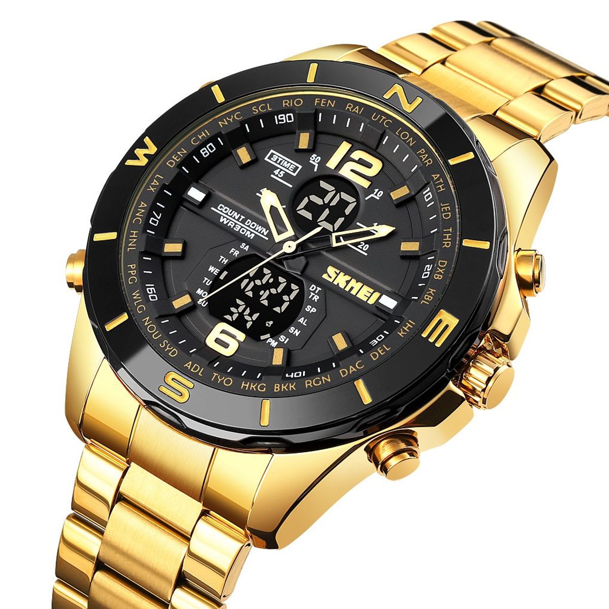 SKMEI - Reloj Skmei 1670 Dorado Fondo negro Analogico Digital_.