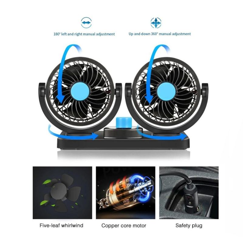 GENERICO - Ventilador Dual 360° para Auto con Base Giratoria 12v