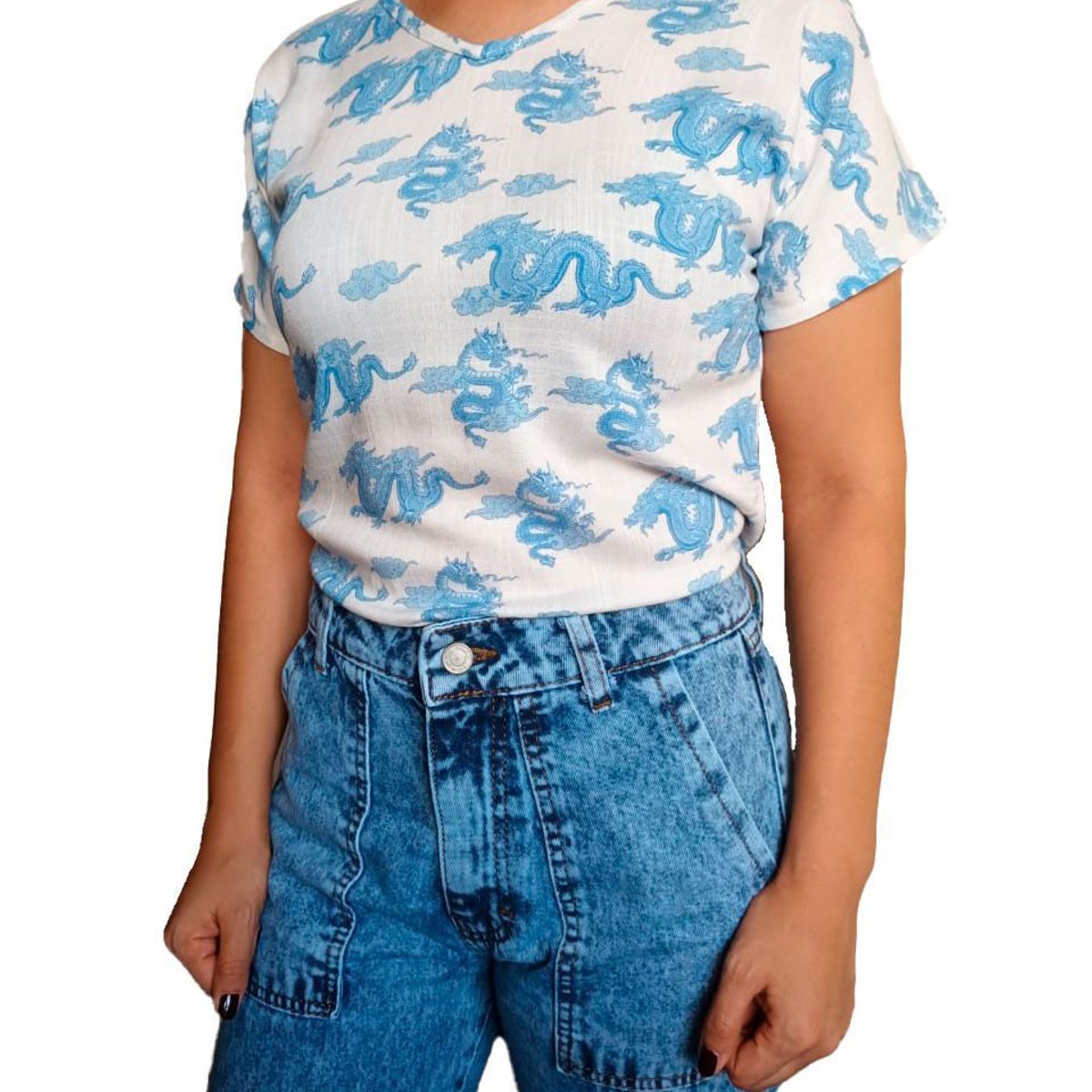 GENERICO - Blusa Mujer Kimono diseño Dragones - Blanco