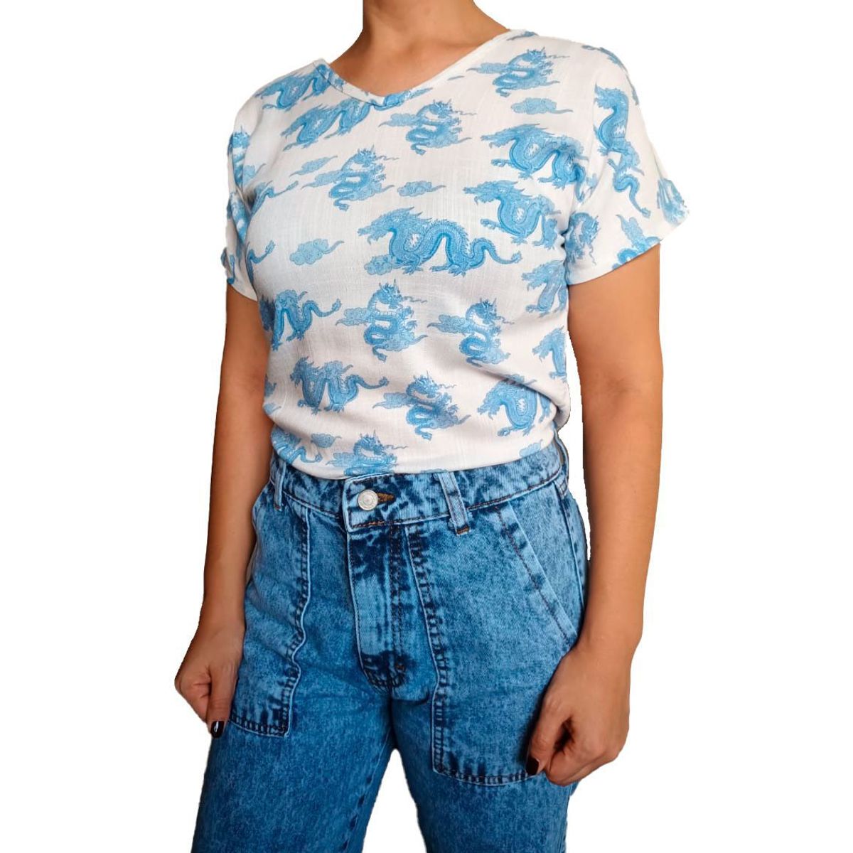 GENERICO - Blusa Mujer Kimono diseño Dragones - Blanco