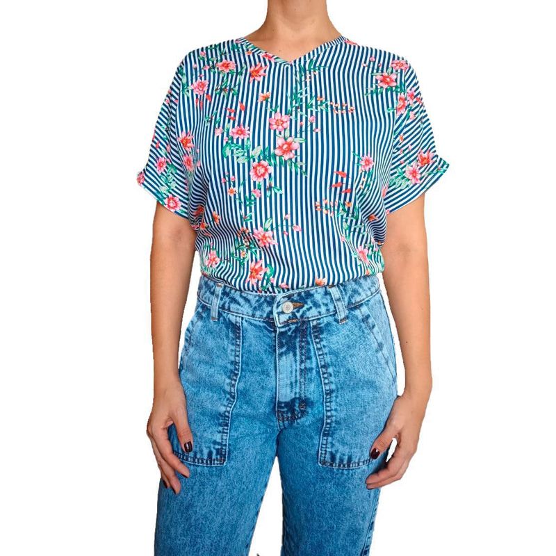 GENERICO - Blusa Mujer Kimono diseño Lineas - Nathalie Love It - Azul