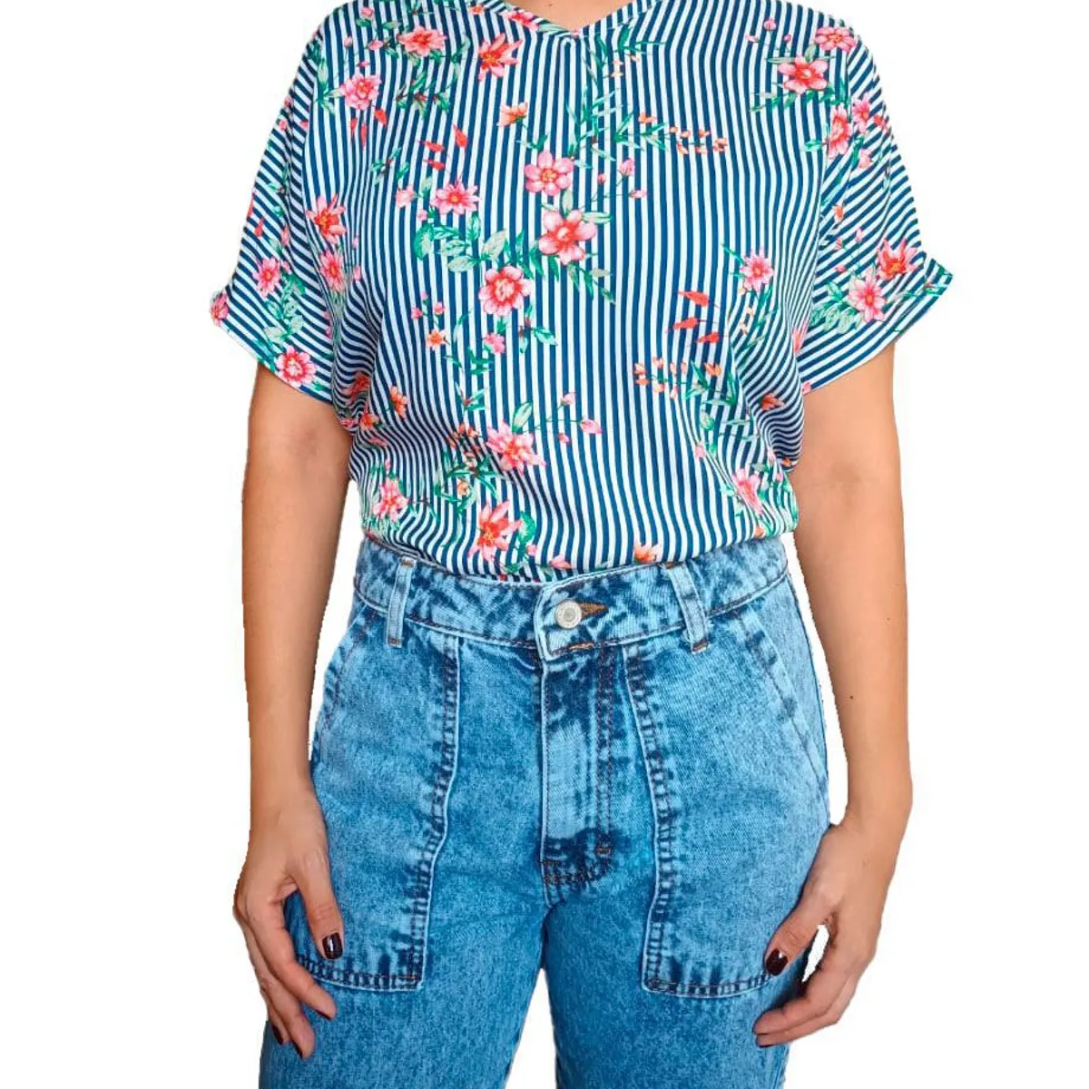 GENERICO - Blusa Mujer Kimono diseño Lineas - Nathalie Love It - Azul