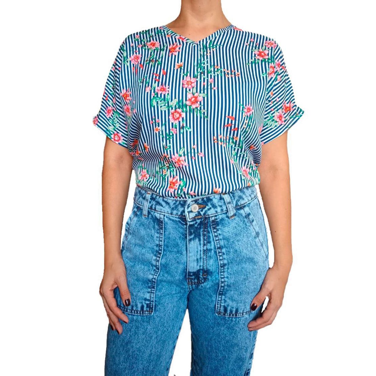 GENERICO - Blusa Mujer Kimono diseño Lineas - Nathalie Love It - Azul