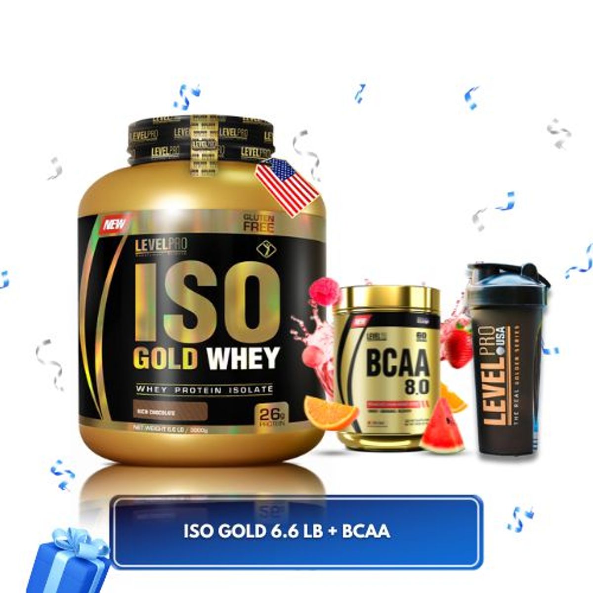 LEVEL PRO SUPPLEMENT SCIENCE - LEVEL PRO ISO GOLD WHEY 6.6LB CHOCOLATE + BCAA LEVEL 8.0 540 GR