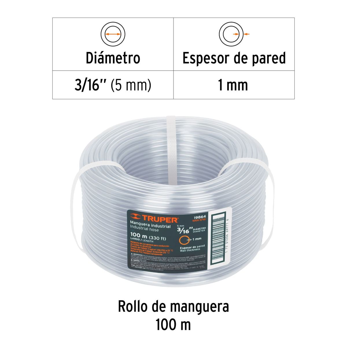 TRUPER - Metro de manguera 3/16" industrial en rollo de 100 m