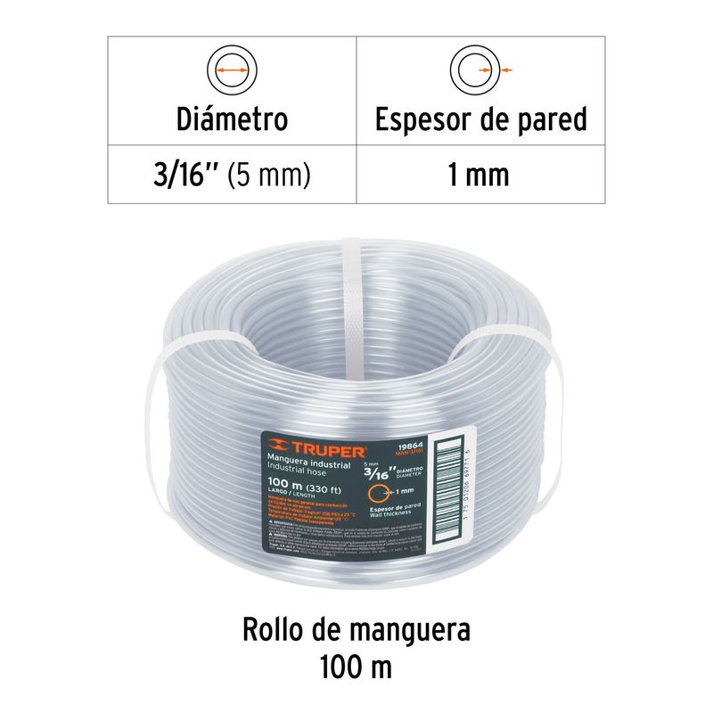 TRUPER - Metro de manguera 3/16" industrial en rollo de 100 m