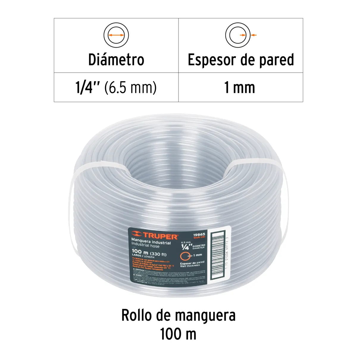 Truper - Metro de manguera 1/4" industrial en rollo de 100 m COD 19865 Truper