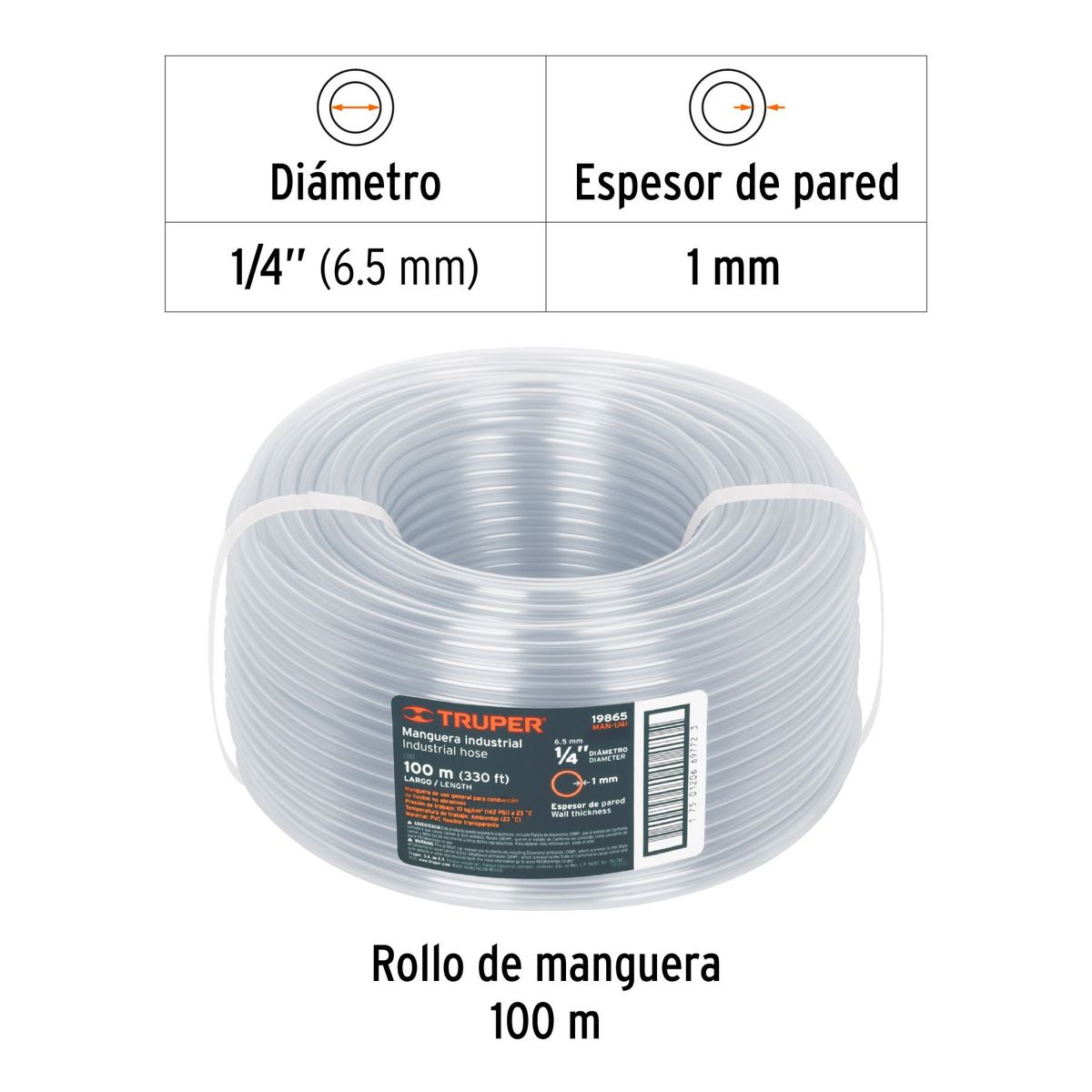 TRUPER - Metro de manguera 1/4" industrial en rollo de 100 m