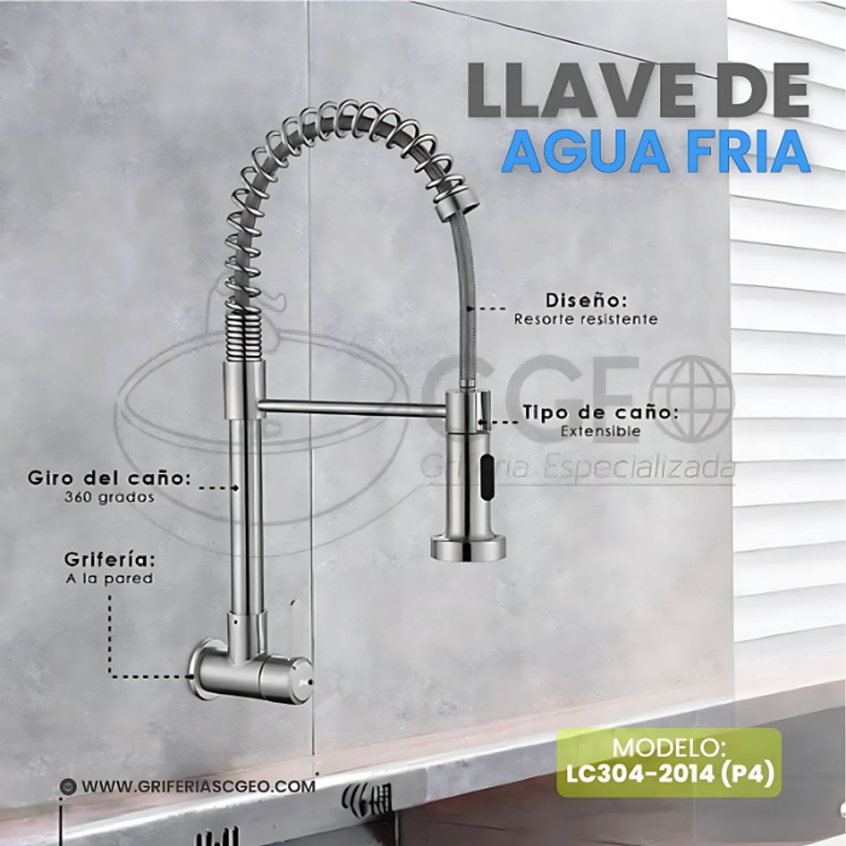 XM - GRIFERÍA DE COCINA RESORTE PARED MATE LC304-2014 P4