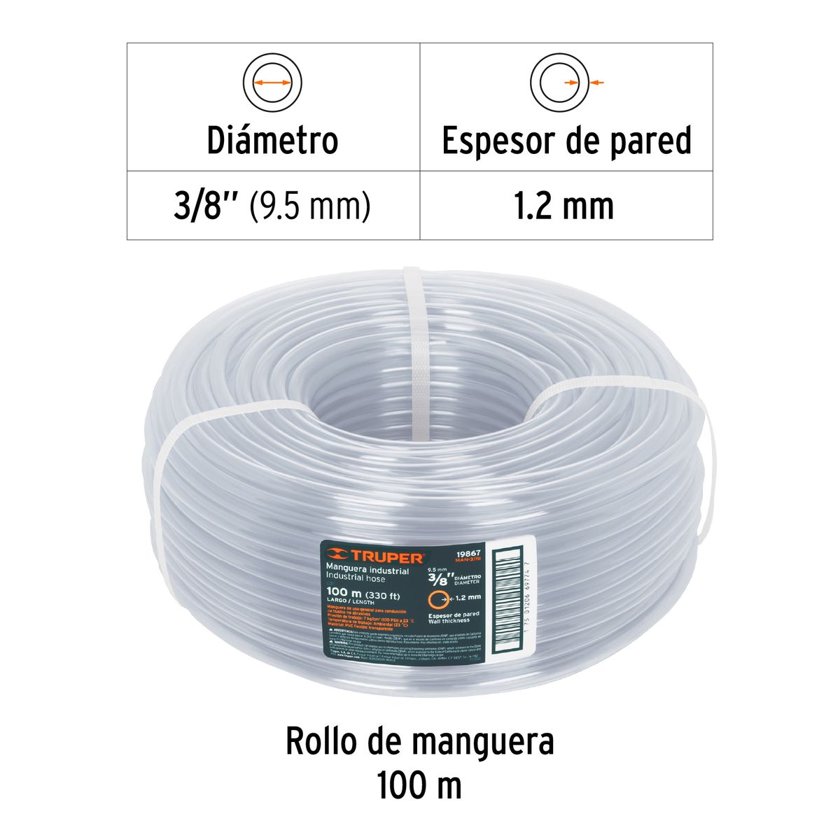 Truper - Metro de manguera 3/8" industrial en rollo de 100 m COD 19867 Truper