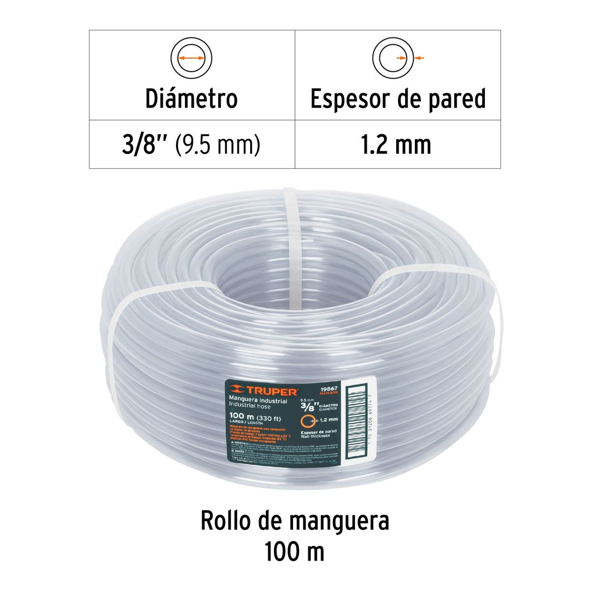 TRUPER - Metro de manguera 3/8" industrial en rollo de 100 m