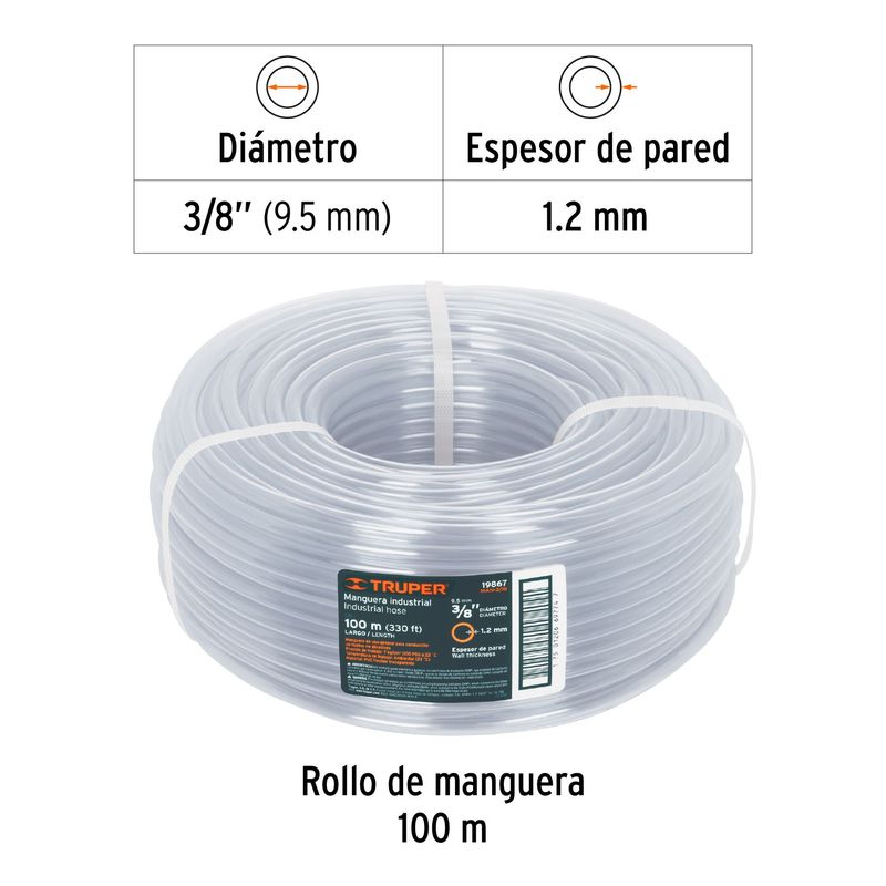 TRUPER - Metro de manguera 3/8" industrial en rollo de 100 m
