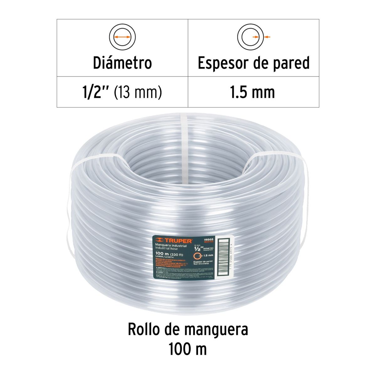 TRUPER - Metro de manguera 1/2" industrial en rollo de 100 m
