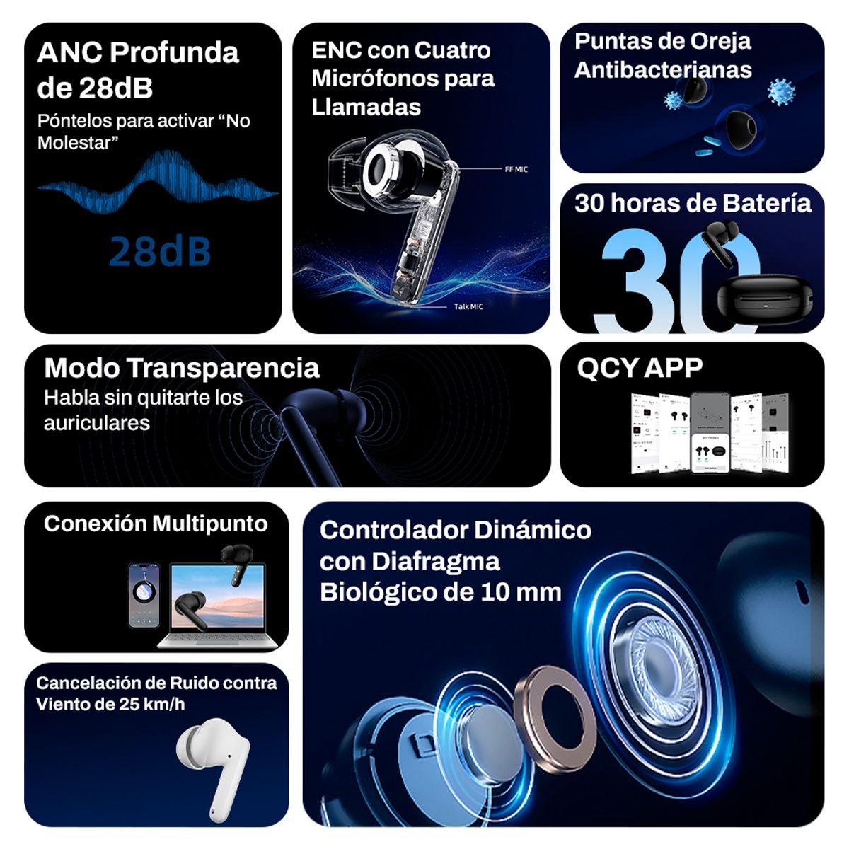 QCY - Audífonos Bluetooth QCY T13 ANC2 Con Cancelación de Ruido 28dB Blanco