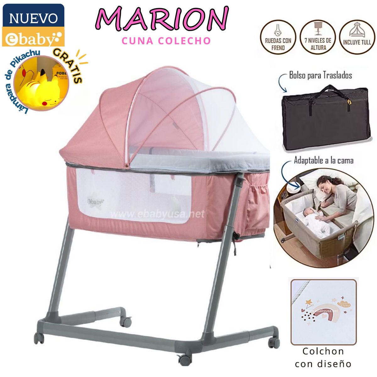 EBABY - CUNA COLECHO MARION ROSADO + GRATIS LAMPARA DE PIKACHU