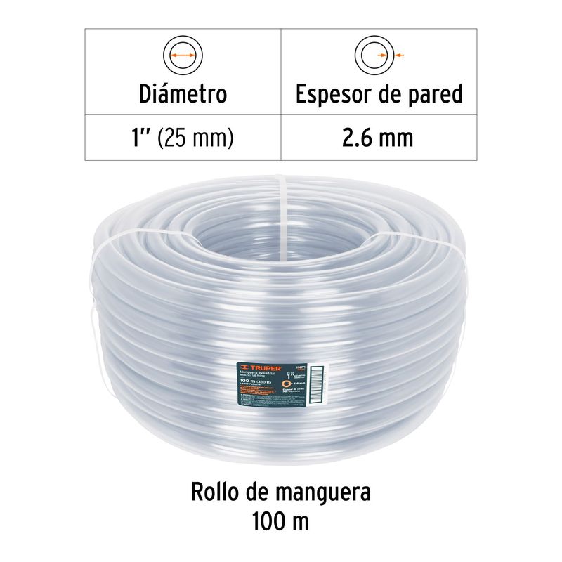 TRUPER - Metro de manguera 1" industrial en rollo de 100 m