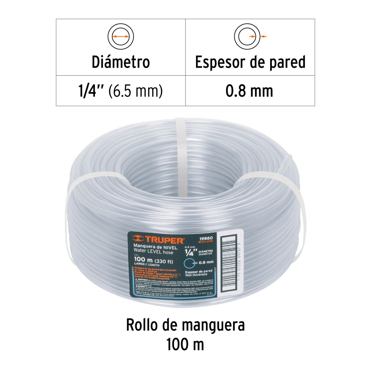 TRUPER - Metro de manguera 1/4" de nivel en rollo de 100 m COD 19860 Truper