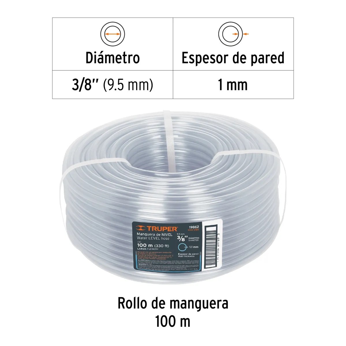Truper - Metro de manguera 3/8" de nivel en rollo de 100 m COD 19862 Truper