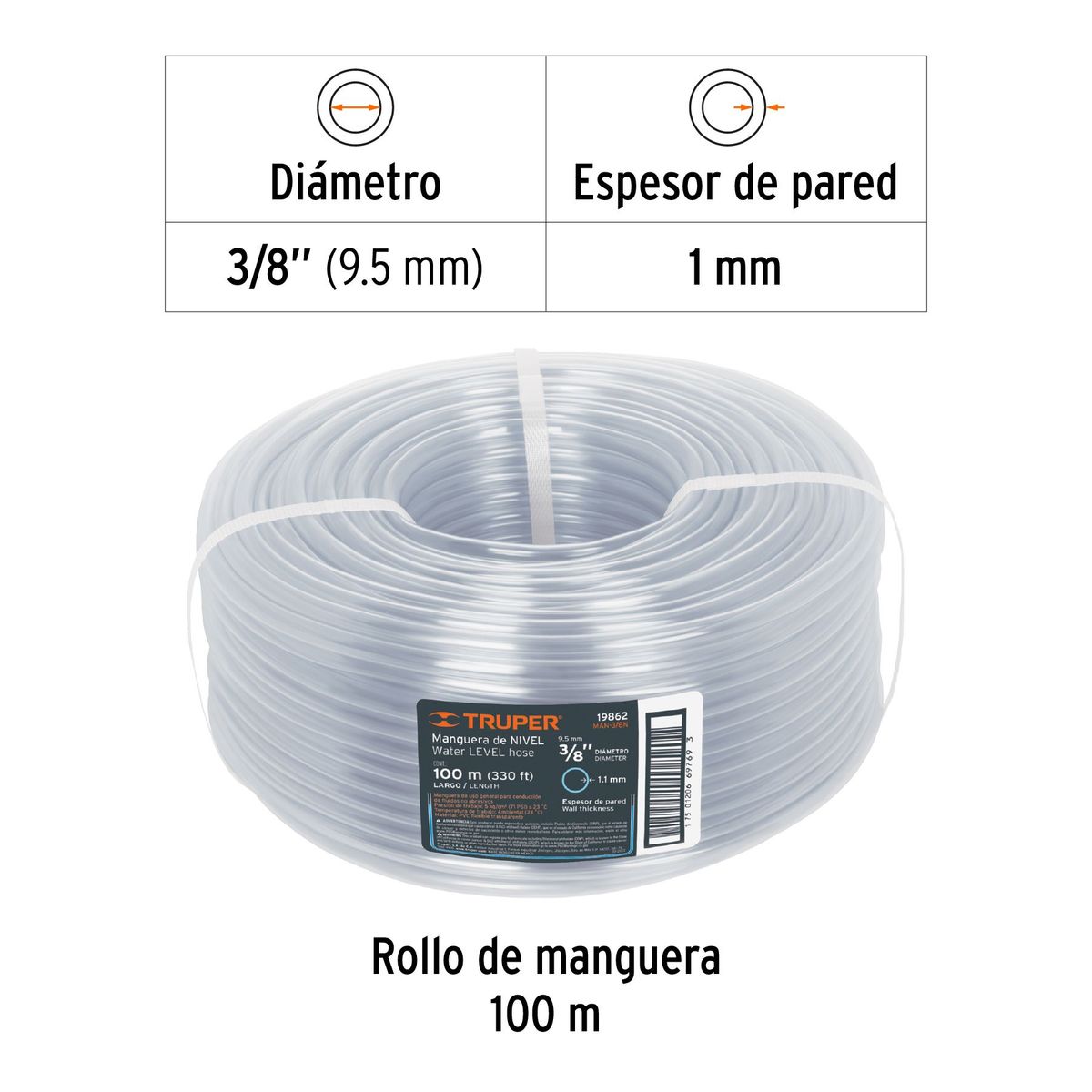TRUPER - Metro de manguera 3/8" de nivel en rollo de 100 m