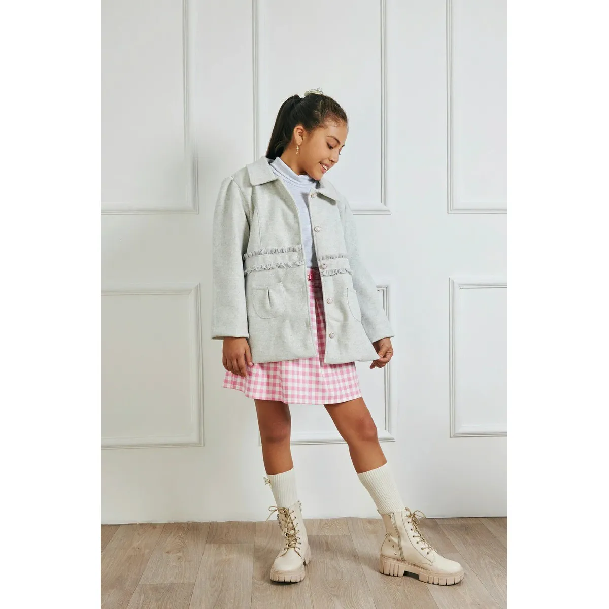 KIDS MASHMELO - Abrigo con Fajin y Volantes de Gasa para Niña Kids Mashmelo