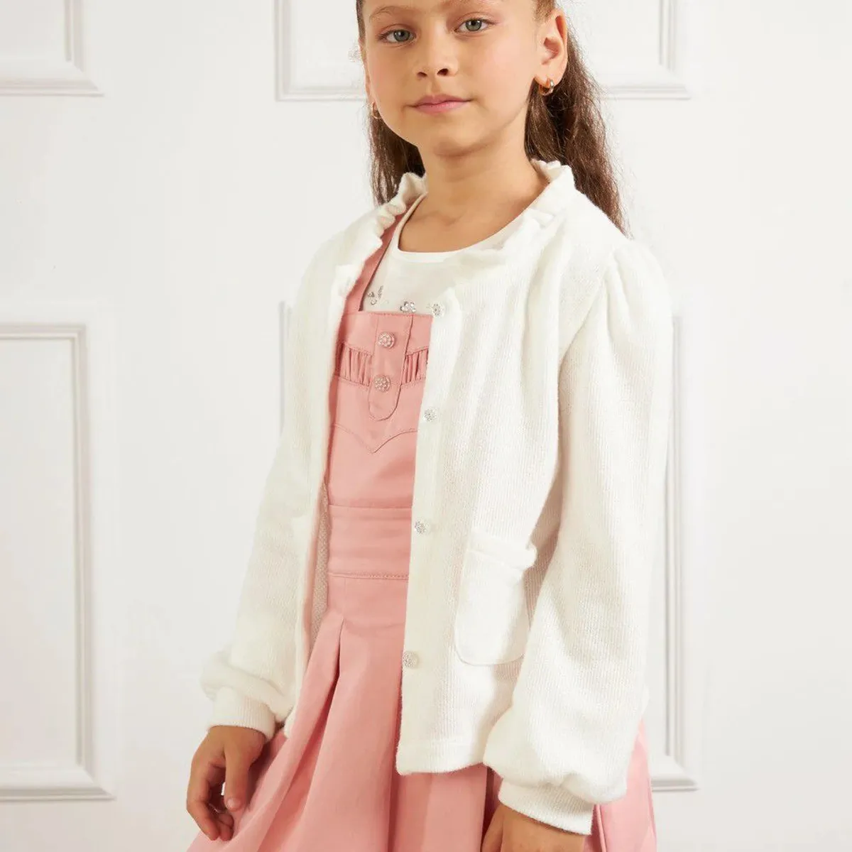 KIDS MASHMELO - Chompa Abierta con Cuello Tableado y Bolsillo para Niña Kids Mashmelo