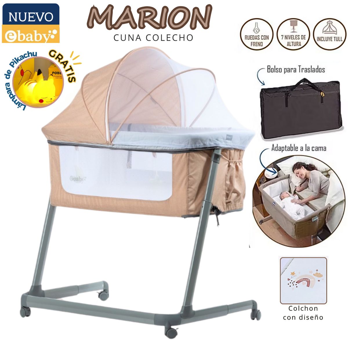EBABY - CUNA COLECHO MARION BEIGE + REGALO LAMPARA DE PIKACHU