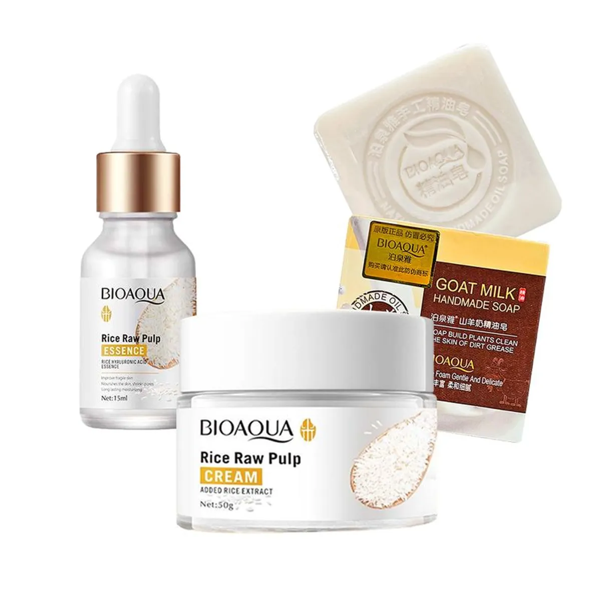 BIOAQUA - Crema Facial + Serum con Extracto de Arroz + Jabon Leche de Cabra