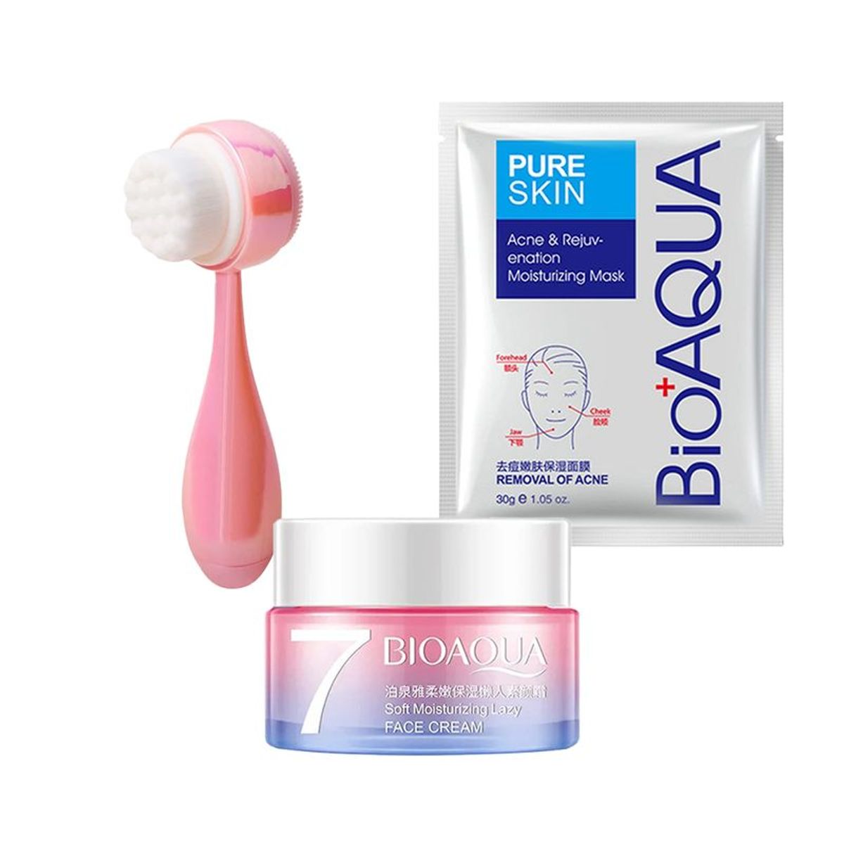 BIOAQUA - Cepillo Facial 2 en 1 + Crema Aclaradora + Mascarilla Pure Skin