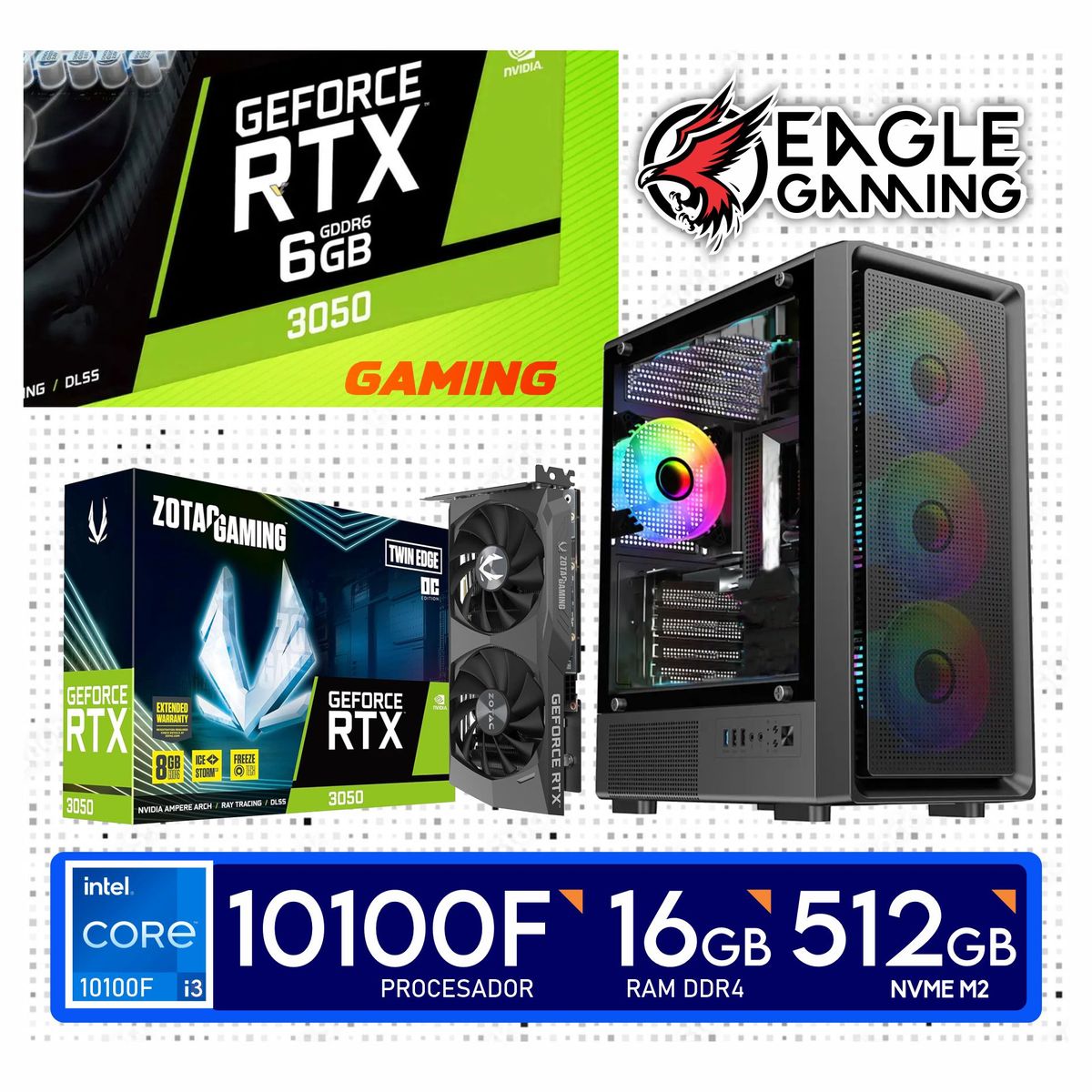 NVIDIA - Computadora PC GAMER Core i3 10100F + RAM 16GB + SSD 500GB + VIDEO RTX 3050 6GB