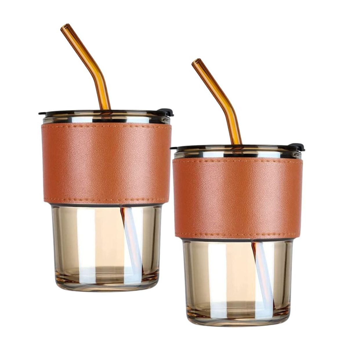 HYGGE - Set de 2 Tazas de Vidrio para Café con sorbete 400 ml Marrón