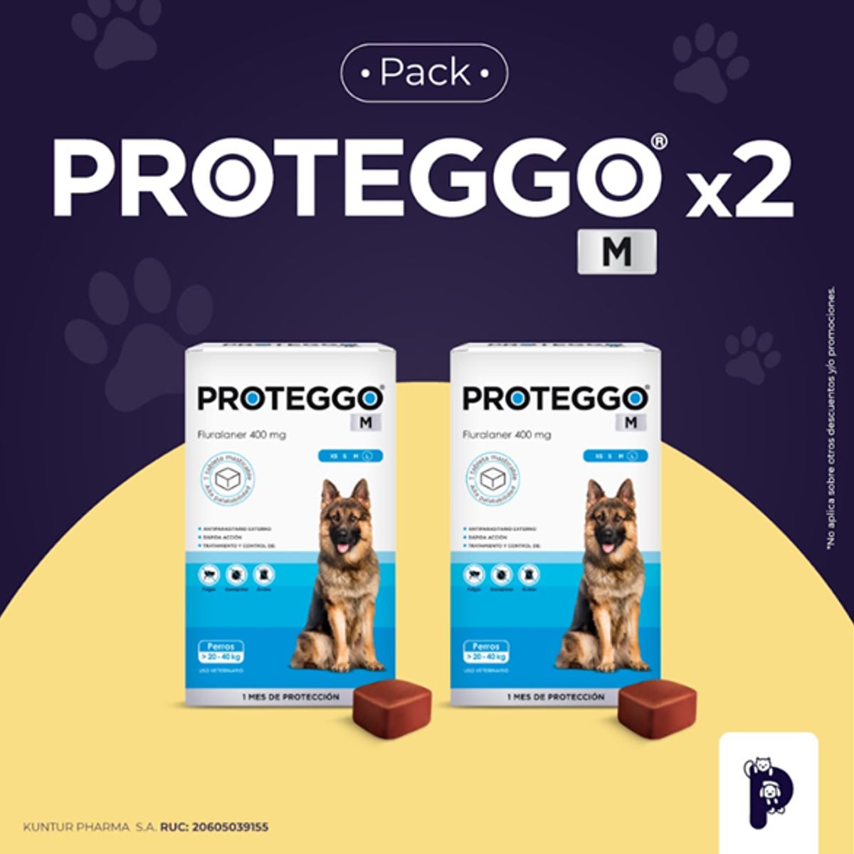 PROTEGGO - ANTIPULGAS PARA PERROS - 400 Mg. DE 20 A 40 kg - PACK X 2